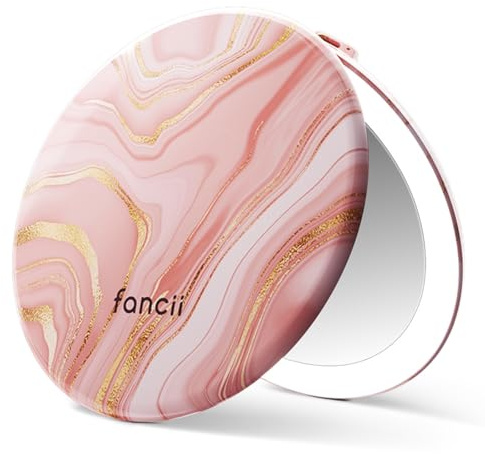 Fancii Taylor LED Lighted Travel Makeup Mirror, Rechargeable, 10x /1x Magnifying, Tru-Glow Lighting System, XL Large 5” Wide | Compact Mirror for Purses (Marble Rose)