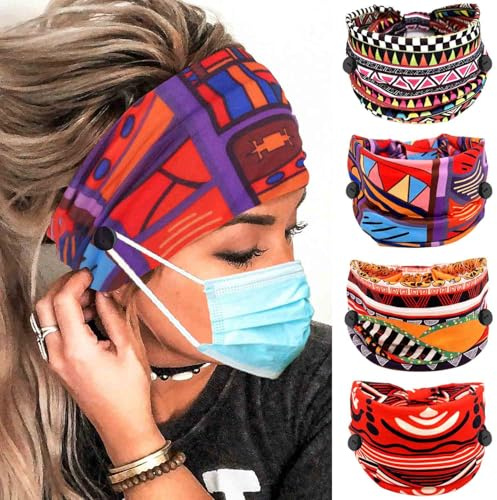 Olbye Wide Buttons Headband Nurse African Head Wraps Face Mask Headbands Elastic Knotted Turban Hairbands Workout Yoga Hair Scarfs Nursing Boho Hair Accessories for Women 4Pcs (Print B, 5.9 * 9.8'')