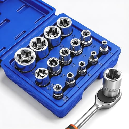 WYYFXY® Set di chiavi a bussola Torx, set di bussole a stella esterna, set di chiavi a bussola con profilo E, con scatola di stoccaggio blu per bussole da 1/4, 3/8, 1/2 pollici