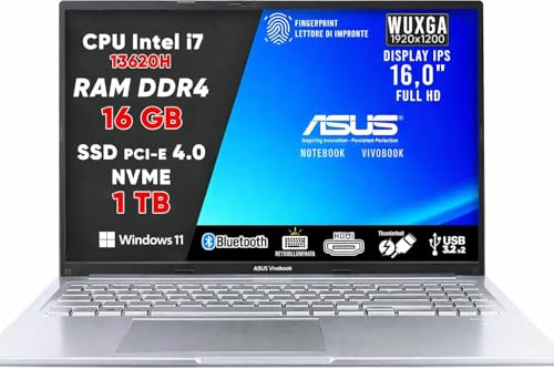 ASUS VivoBook Pc Portatile, Notebook i7 13620H, 16GB RAM DDR4, SSD 1TB, DISPLAY IPS WUXGA 16,0 FULL HD, Computer Portatile, Laptop con Tastiera Retroilluminata, Fingerprint, 16 - Garanzia 3 Anni