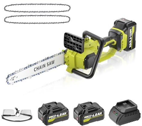 12 In Electric Chainsaw Cordless, 20V Battery Chain Saw with 2x4.0Ah Li-ion Batteries, 2 x Chains, with Tool-free Chain Tension, Auto Oiling for Wood Cutting, Tree Trimming and Branch Pruning