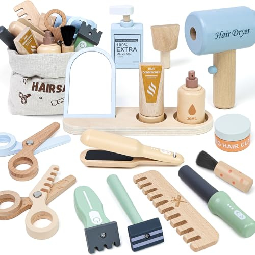 Masonbaby Set Parrucchiere Giocattolo in Legno, kit da salone alla moda, gioco di ruolo per bambini dai 3 anni in su Parrucchiera Giocattoli Regalo per Bambini