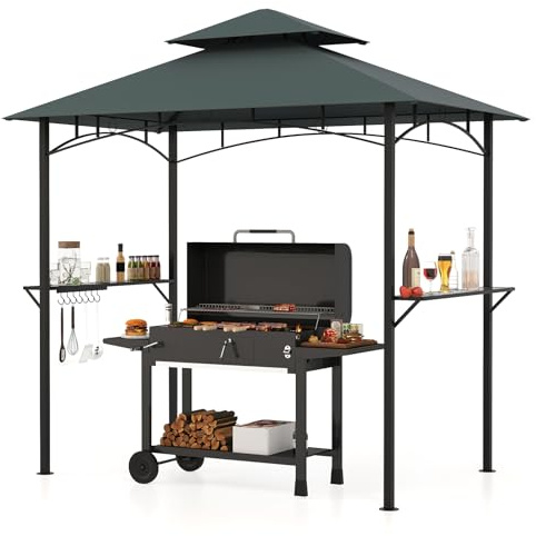 COSTWAY Grillpaviljong med dubbeltak, sidohyllor, 7 krokar, grillbaldakin, väderbeständigt, grillskydd för BBQ trädgård utomhus, lusthus, metallram, 240 x 151 x 255 cm (grå)