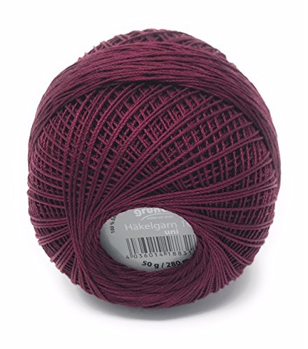 Brandneu! Gründl Häkelgarn 10, Filethäkelgarn, 100% Baumwolle (mercerisiert, gasiert, gekämmt), 50 Gramm Knäuel = 280 Meter LL, 20 tolle Farben, (18 weinrot)
