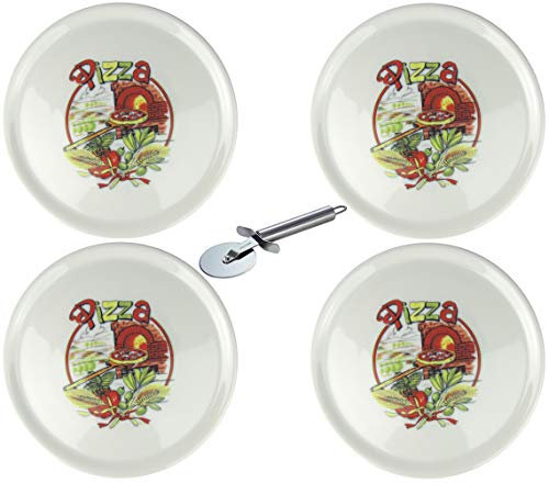 Saturnia XXL Plato de pizza de porcelana con diferentes motivos, incluye cortador de pizza de acero inoxidable (4 unidades, 31 cm de diámetro)