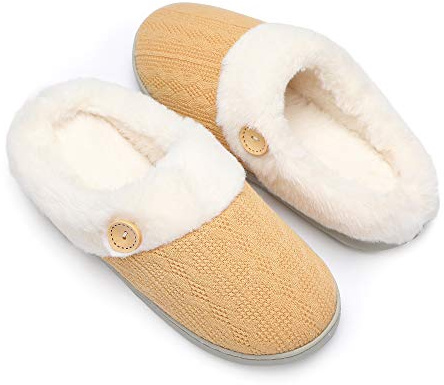 Chantomoo kvinnor hus tofflor bekväm minnesskum plysch sovrum fuskpäls fodrade stickade varma tofflor slip-on lätta skor, inomhus utomhus halkfri gummisula mysig, GUL, 38/39 EU