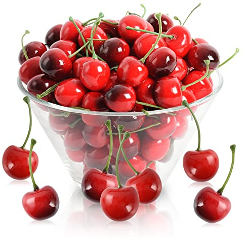 HUIANER 100pcs Artificial Cherries, 50pcs Lifelike Red Cherries 50pcs Fake Red Black Cherry Fake Fruit Model Home House Kitchen Party Decoration Desk Ornament