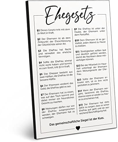 ARTFAVES® Holzbild mit Spruch - Ehegesetz | modernes Holzschild schwarz-Weiss zur Dekoration oder als Geschenk zum Thema Hochzeit/Ehe