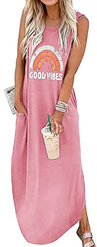 Ykomow Sommerkleid Good Vibes Maxikleid Damen Ärmellos Grafik Strand T Shirt Kleider Boho Kleid Damen Lang (L, Rosa)