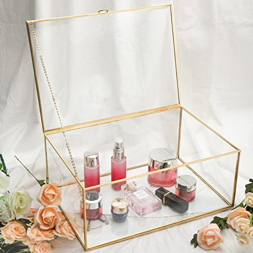 Homtone Gyllene vintage glaslåda terrarium retro smyckeskrin transparent glas smycken förvaring organisatör för bröllop födelsedagsfest dekor 33 x 23 x 14 cm