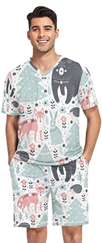 GAIREG Conjunto de pijama de verano para hombre con patrón de cabeza de perro, camiseta de dormir y pantalones cortos, conjunto de descanso suave, S-XXL, Animales del bosque zorro, Large
