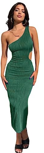 QKEPCY One Shoulder Kleid Sommerkleid Damen Kleider Asymmetrisch Figurbetont Midikleid Partykleid Cocktailkleid Abendkleid Elegant Schulterfreies Bodycon Knielang Sexy Hochzeitsgast Schulterfrei