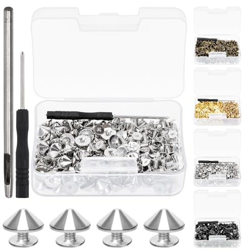 Swpeet 102Pcs Silver Color Cone Spikes and Studs Kit with Hole Punch and Screwdriver, Back Leather Craft Rapid Rivet Screws, Spikes Bullet Cone Spikes Screw for Clothing Shoes Leather Craft