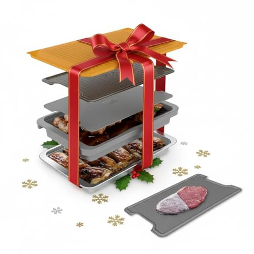 PREP ‘N Serve Premium Set™ - Plastic Container with Lid for Marinades, Stainless Steel Serving Tray, Aluminum Defrosting Tray, and a Plastic Cutting Board - the Ultimate BBQ Food Prep Utensil Set