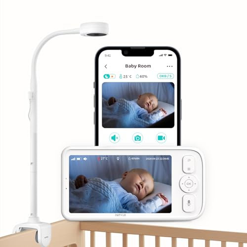 NETVUE Peekababy- Baby Monitor with Camera and Night Vision, Smart Baby Monitor with Camera and Audio, 4-in-1 Holder, 5'' LCD Screen, Cry Detection, Sleep Analysis, 2-Way Talk (White)
