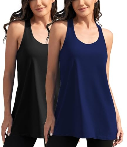 TAIPOVE Racerback Tank Tops for Women Long Sleeveless Shirts Loose Fit Base Tunic Tank for Yoga Running Gym 2 Pack, Black/Navy, XL