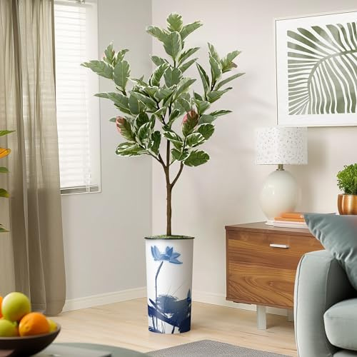Artificial Tree in Blue Flower and Paint Texture Planter, Fake Rubber Silk Tree for Indoor and Outdoor Home Decoration - 70 Overall Tall (Plant Pot Plus Tree)