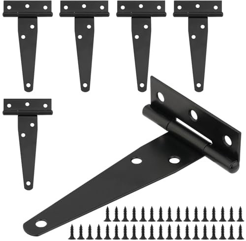 HOTUT 6 piezas Bisagra en T Negra, 4 Pulgadas, Bisagras con Correa en T a Prueba de Herrumbre con 36 Tornillos, Bisagra para Granero de Puerta Resistente para Puerta de Jardín, Ventanas, Vallas