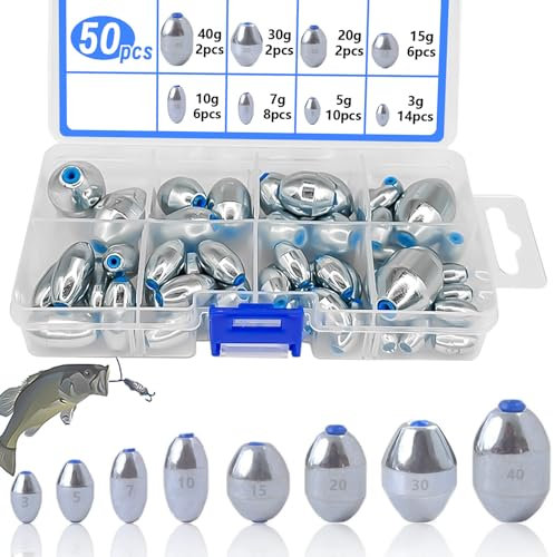 XSHAO® 50 Stück Blei Angeln, Eierfischerei Gewichte Angelblei Grundblei 3g/ 5g/ 7g/ 10g/ 15g/ 20g/ 30g/ 40g mit Aufbewahrungsbox für Das im Freien und Das Angeln am Meer