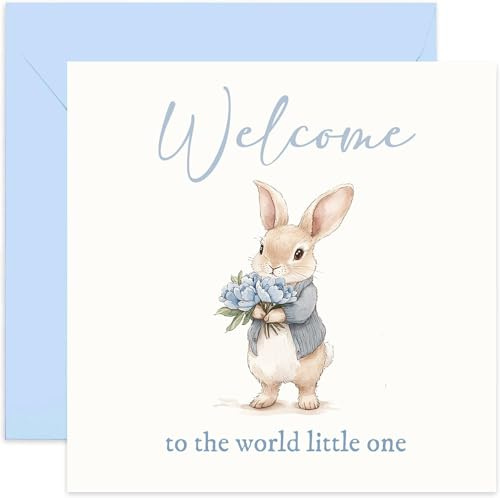 Cute New Baby Greeting Cards for Him - Special Blue Bunny Keepsake Gift for Boy - Newborn Presents for Mummy Daddy Grandparents for Birth of Son or Grandson - Traditional and Stylish - Blank Inside