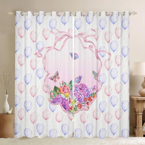 Homewish Cortina de ventana con lazo de 52 x 90 pulgadas, 2 paneles para niñas, cortina floral rosa romántica estilo princesa con lazo, bonitas cortinas y cortinas de flores de jardín, decoración rosa