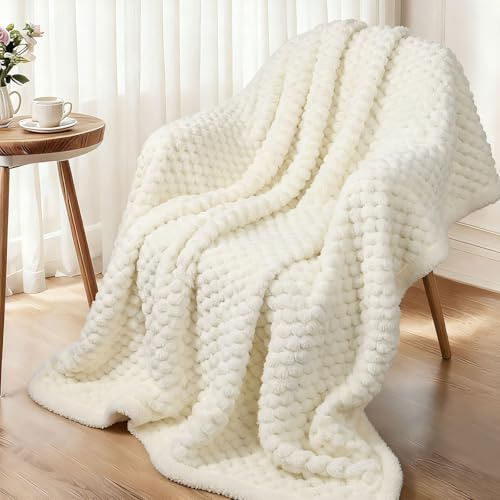 Famibay Coperta in pile per divano letto queen size, color crema, per letto matrimoniale, doppio spessa, morbida, accogliente, calda, soffice, jacquard, per divano, letto, divano letto, sedia, 200 x