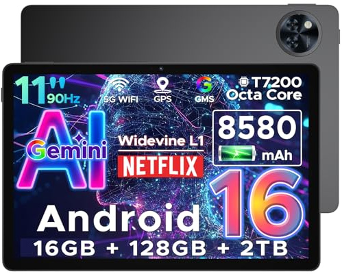 DOOGEE U11 Tablette Android 16 avec Gemini AI,11 Pouces 90 Hz,16GB RAM+128GB ROM(2TB TF),Octa-Core Tablette Android, 8580mAh,Corps Métallique Ultra-Mince 7,9 mm,Caméra 13MP,Widevine L1/Face ID/5G WiFi