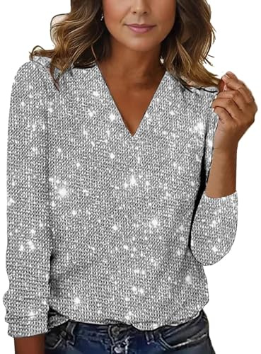 Blusas Mujer Fiesta Fiestas Elegante Manga Camisetas Túnica De Lentejuelas Negro Sexy Larga Plateada Top Parte Superior