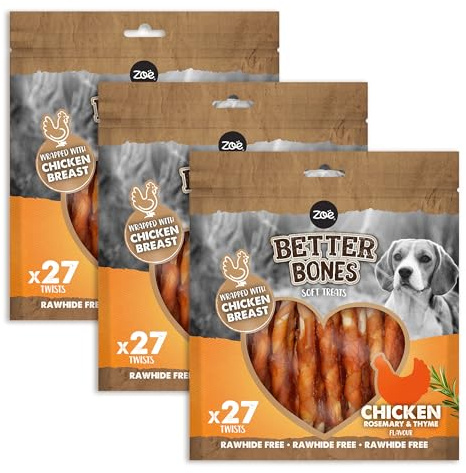 Zoe Better Bones, Rawhide-Free, Twist Dog Treats, Chicken Flavour 3x27pcs | Soft Dog Chew Treats. Dog Training Chews. Twists Wrapped in Chicken Breast.
