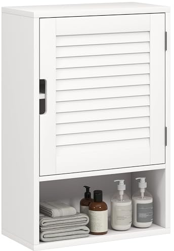 HOMCOM Armoire Murale de Salle de Bain, Meuble de Rangement Suspendu pour Salle de Bains avec Porte à Lattes, étagère réglable et Compartiment Ouvert, Meuble WC Suspendu, 40x20x60cm, Blanc