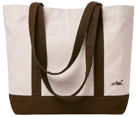 Espaciosa bolsa de lona y gabardina con fondo ancho, pliegues laterales, asas estables y bordado fino en contraste para compras, oficina, viajes y uso diario