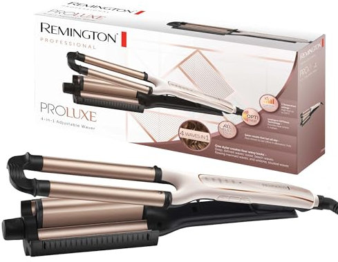 Remington Welleneisen [Testsieger] ProLuxe 4-in-1 Lockenstab: Beach, natürlich Wellen, Wasserwellen, (Dig. Display, Temperatureinstellung bis 210°C) Kreppeisen, Multistyler CI91AW, Weiße Rose
