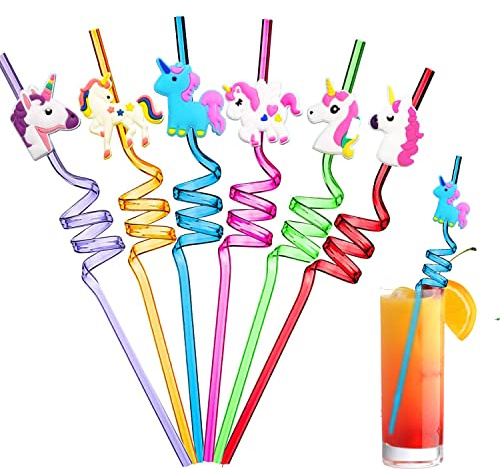 Ulife Mall Reusable Drinking Straws Novelty Unicorn Party Straw Curly Hard Plastic Straws Kids Birthday Party Decorations Supplies Family Reunion Favors - Pack of 6