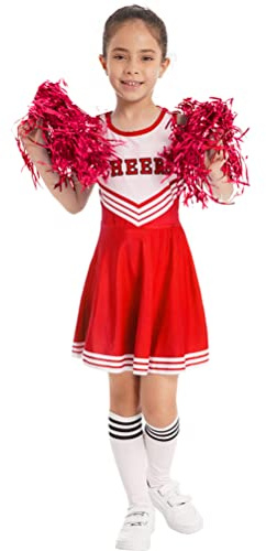 Aislor Uniforme Costume da Cheer Leader Bambina 3 Pezzi Vestito da Cheerleading con Stampa 'Cheer' Abito da Danza Moderna Ragazze Calzini +Pom-Pom Bambine Dress Rosso 5-6 anni