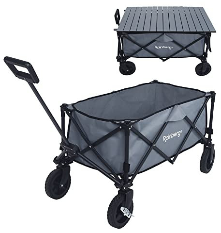 Rainberg Folding Trolley on Wheels & Table on Top Cart with Adjustable Handle & Cover Bag, Foldable Wagon for Outdoor Camping, Picnic, Shopping 120KG Weight Capacity Wheelbarrows (Grey)