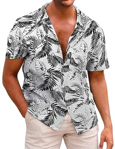 Beotyshow Chemise hawaïenne pour homme à manches courtes en coton à fleurs pour les loisirs, l'été, les voyages, la plage et la mer, L