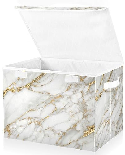 Storage Boxes with Lids, Elegant Marble Gold Gilt Large Storage Basket Organizer Shelves Cube Bin Toy Clothes Underbed