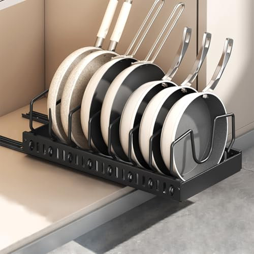 JORETLE Pull-Out Pots and Pans Organiser,16.53 in Pan Storage Rack for Kitchen Cupboards with 10 Adjustable Dividers,Space-Saving Saucepan Lid Holder for Baking Trays and Cutting Boards