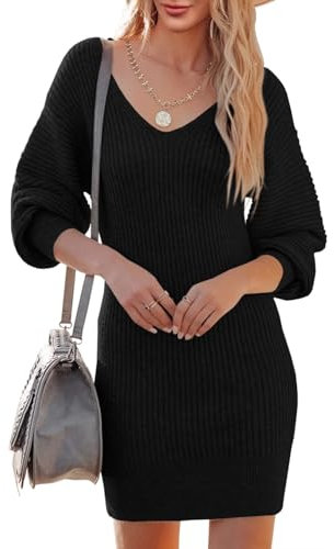 Saodimallsu Strickkleid Damen V-Ausschnitt Pulloverkleid Langarm Pullover Elegant Minikleid Sweater Freizeitkleider Tunika Pullikleid Strickpullover Kleid für Herbst Winter Schwarz M