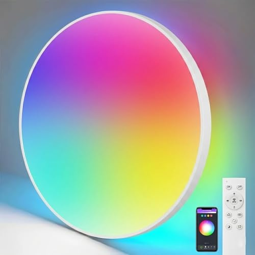 YICALE Plafon LED Techo RGB,IP44 Lampara de Techo Regulable con Mando a Distancia y APP,3000-6500K Lampara Techo Dormitorio con 16 Millones RGB Colores para Baño,Salón,Cocina,Ø32CM