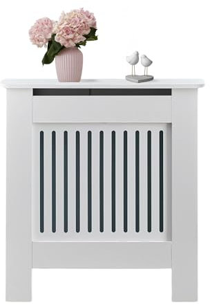 Cubreradiador,Cubierta Radiador,Protector Refractario de MDF con Estante y Listones. Mueble con Diseño Moderno Acabado en Blanco de Rejilla.Elegante para Salón, Domitorio,Oficina.79x82x19cm