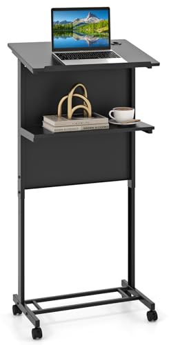 COSTWAY Mobile Podium Stand, Height Adjustable Lectern Table Standing Desk with Tilted Tabletop, Storage Shelf & Lockable Casters, Portable Pulpit Computer Workstation (Black, 60 x 40 x 108.5-122.5cm)