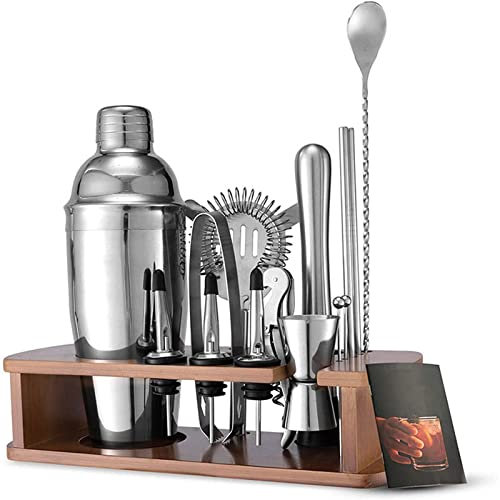 QTANZIQI Juego de coctelera con Soporte, Juego de coctelera, Kits de Barman, Herramientas de Bar, Mezclador de Bebidas, coctelera de Martini, Jigger, colador, Cuchara mezcladora, mortero, vertedor de