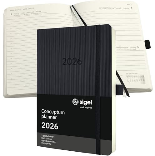 SIGEL C2620 Terminplaner Tageskalender 2026, ca. A5, schwarz, Softcover, 400 Seiten, Gummiband, Stiftschlaufe, Archivtasche, aus nachhaltigem Papier, Chefkalender Conceptum