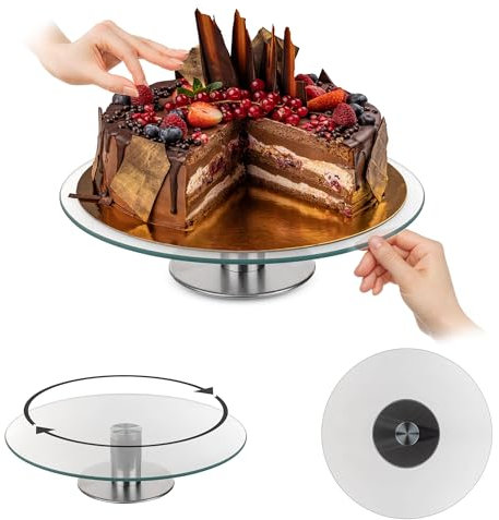 KADAX Drehbare Tortenplatte 28 cm, Tortenteller Drehbar aus Glas und Stahl, Tortendrehteller, Tortenständer, Torten Drehteller, Servierplatte, Kuchenplatte