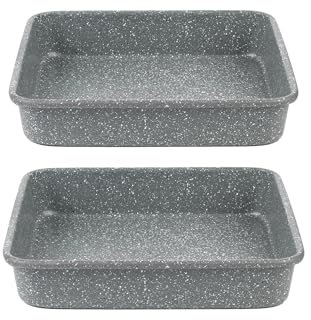 Salter Marblestone Square Cake Tin Set – Set of 2, 23cm Non-Stick Cake Baking Pan, Lightweight Carbon Steel, Easy Wipe Clean, High Side Roasting Tray, Oven Safe to 220°C, PFOA Free, Deep Brownie Tin