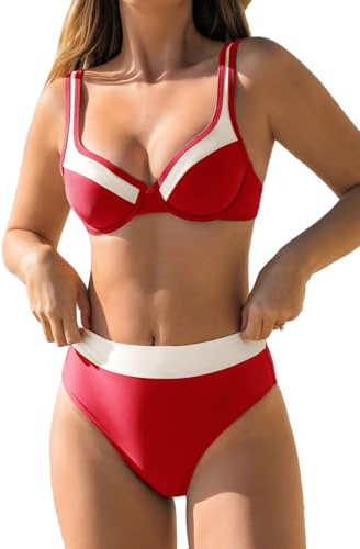CUPSHE Women's Bikini Sets Two Piece Bathing Suit High Waisted Underwire Wide Adjustable Straps Color Block Back Hook Red/White M