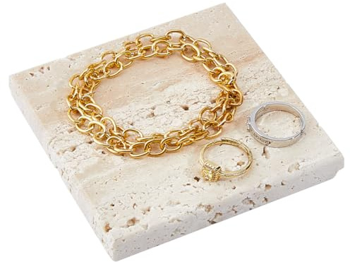 DICOSMETIC Cuenco de joyería de mármol natural 10 x 10 cm, cuadrado de piedra, bandeja decorativa de mármol para joyas, bandeja pequeña de piedra para anillos, pendientes, collares, cadenas, beige