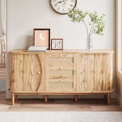 SUKY Aparador, cómoda de ratán, cómoda con puertas correderas, estantes ajustables y tablero redondeado, 140,5 L x 40 A x 76 H cm (Natural)