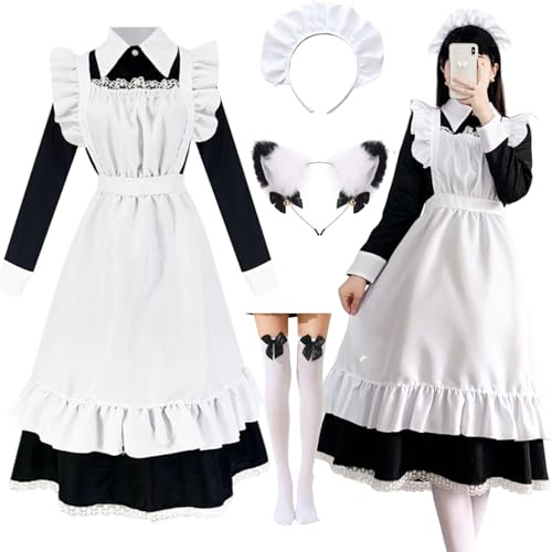 Hamanasu Robe de Maid Cospaly à manches longues pour femme française - Costume long de soubrette avec robes, tabliers, couvre-chef, pour Halloween, carnaval, cosplay